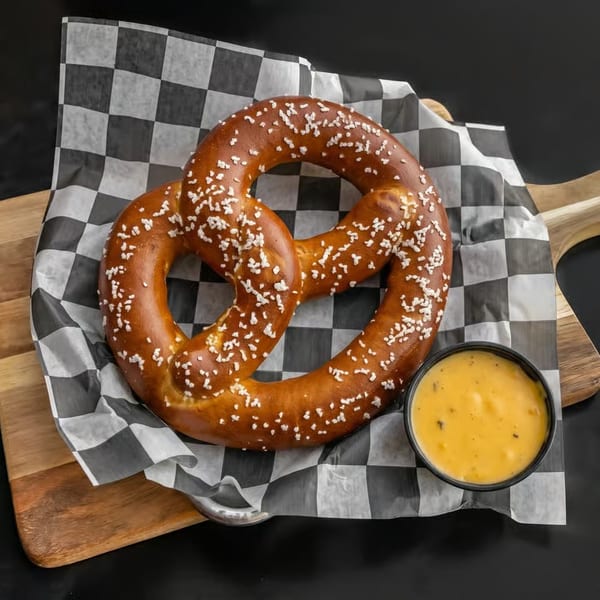 A large, salted pretzel on checkered paper with a side of cheese dip on a wooden board.